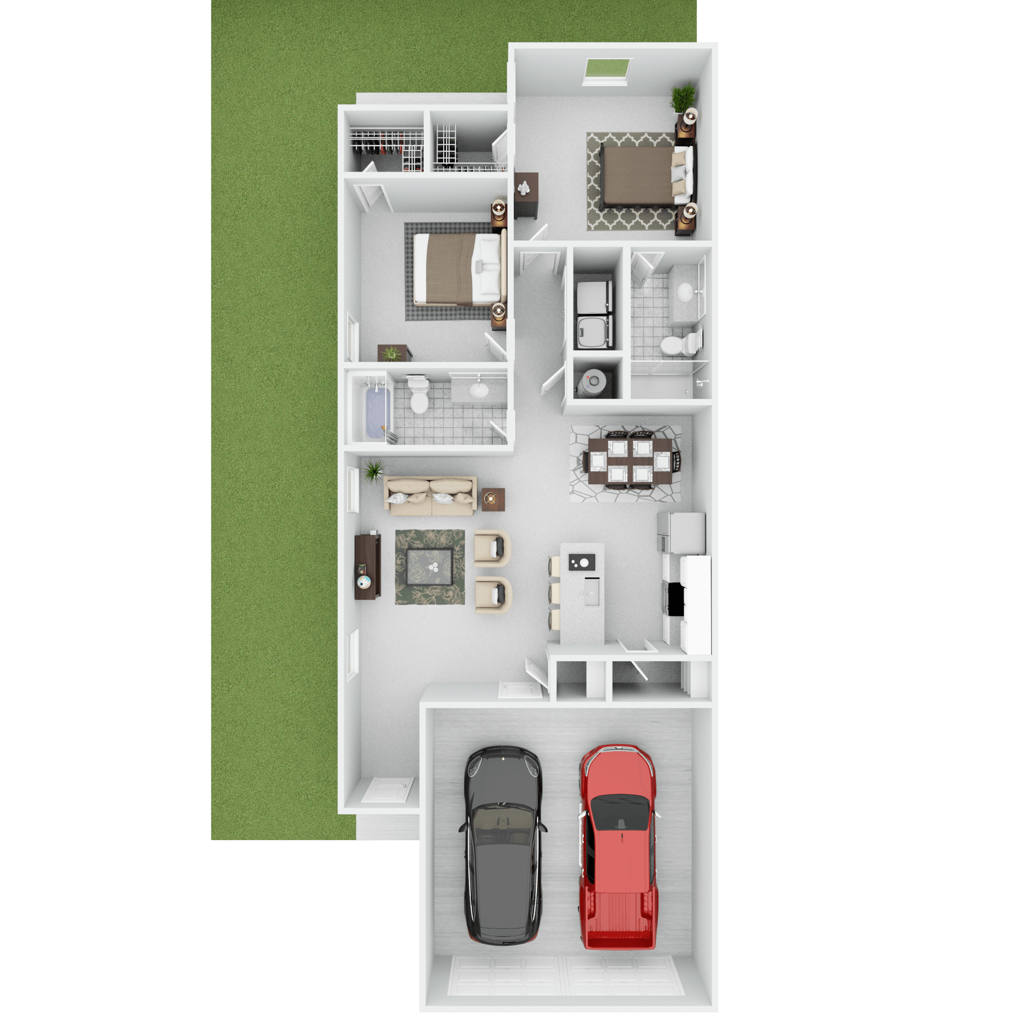 A top-down view of a house layout with two cars parked in the garage.